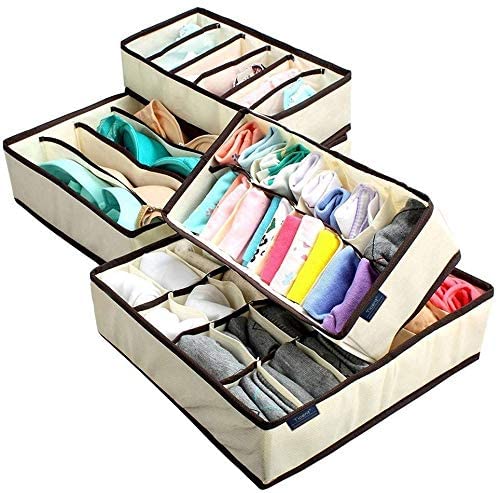 Image of Wardrobe Organiser Set of 4 collapsible innerwear closet wardrobe cabinet clothes drawer underwear divider for belt, tie, lingerie (Beige)
