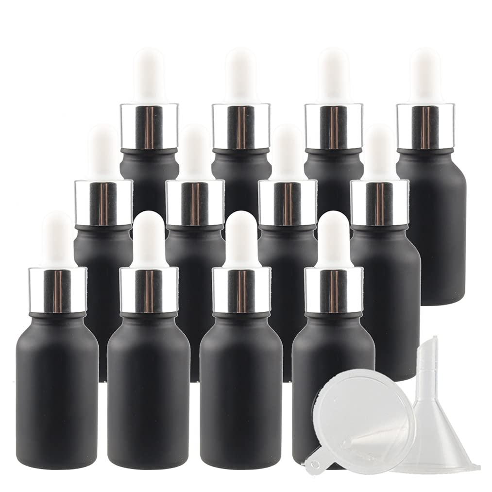 24 Pezzi Nero Opaco Bottiglie Contagocce Vetro 15 ml con Pipette Contagocce Vetro, anello a vite Argento, per Laboratorio,Olio Essenziale, Aromaterapia +4 imbuti