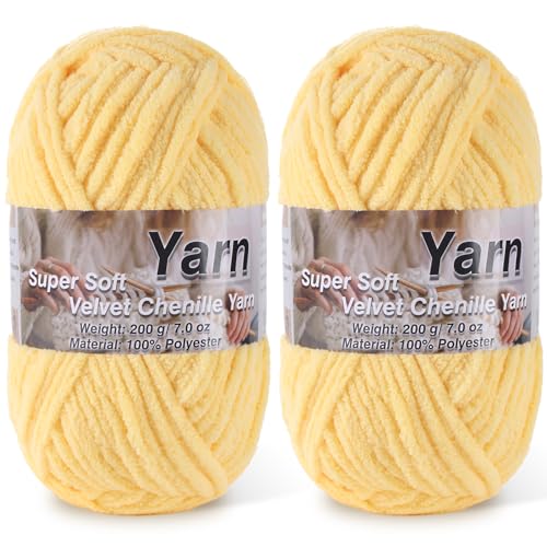 Image of 2 * 200g /7oz Chunky Chenille Yarn for Baby Blanket Yarn for Crocheting - Super Soft Chenille Plush Yarn - Bulk Thick Yarns Used for Making Scarves, Blankets, DIY Craft (Yellow)