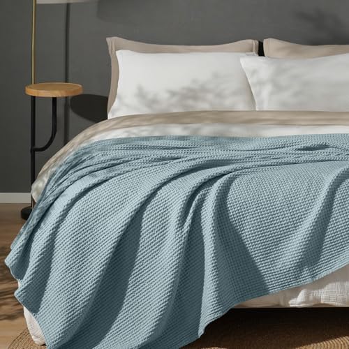Image of PHF 100% Cotton Waffle Blanket Lightweight Breathable, Twin Size, Ocean | Pre-washed Soft Cozy Summer Throw for Hot Sleepers, Textured Decorative Layer for Bed Couch Sofa Guest Room, Giftable