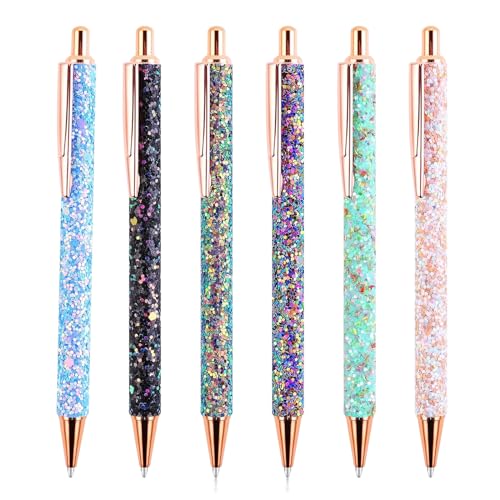CBRPVT 6 Pcs Pens for Women, Sparkly Pens, 1.0 Mm Glitter Pens Bling Pens, Ballpoint Pens, Click Retractable Pens Multipack Suitable for School Office Journal Sketching Men Women Home Drawing