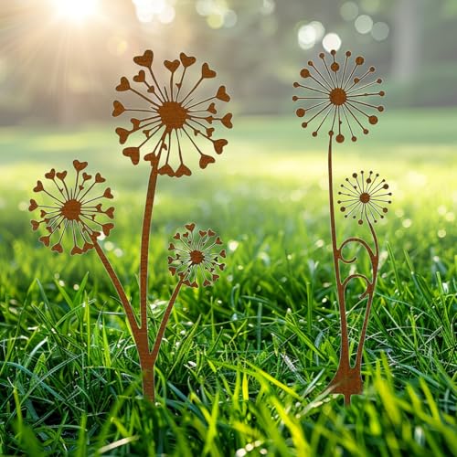 Rusokufo 4 Stück Rost Dekorative Gartenpfähle Metall, Pusteblume Metall Rostdeko Gartenstecker für Pflanzenbeet, Terrasse, Blumentopf und Outdoor Gartendekoration