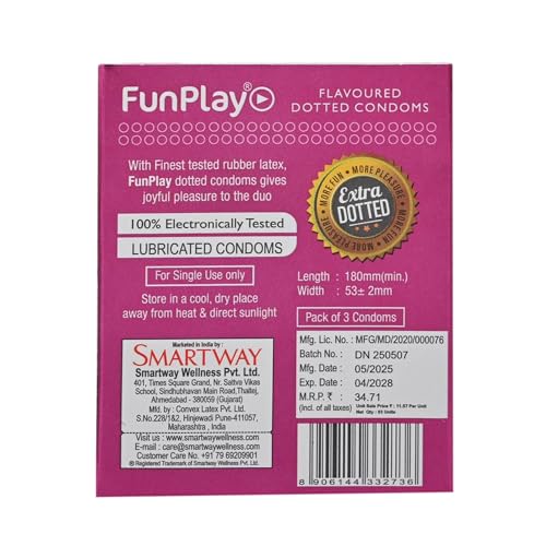 Image of Funplay Bubblegum Dotted Condoms 3 PCS | Flavoured Latex Condoms with Dots | Pre-Lubricated Smooth Surface | Comfortable Fit | Travel Friendly Pack | For Men