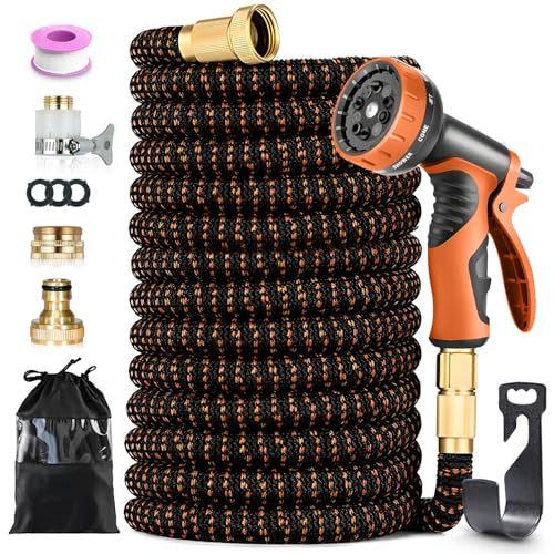 Tuyau Arrosage Extensible 150FT avec Pistolet 10 Fonctions, Raccords 1/2'' & 3/4'', Embout Plaqué Cuivre, Crochet et Sac, Tuyau d'Arrosage Anti-Fuite et...
