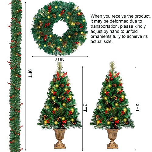 Juegoal Christmas Decorations 4-Piece Set, Pre-Lit Artificial Entrance Trees Set Of 2, Wreath And Garlands, Leds Lights With 8 Lighting Mode & Timer, For Home Front Door, Porch, Entryway Xmas Decor #TOP2