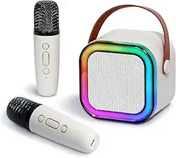 Kit Karaokê Portátil com 2 Microfones Bluetooth LED RGB Recarregável USB para Festas e Viagens (Bege)