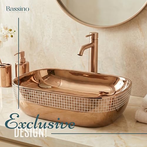 Image of BASSINO 18x13x5.5 Inches Table Top Washbasin /1 Year Warranty /Ceramic Wash Basin for Bathroom /Rectangular Shape Counter Top Wash Basin for Dining Hall /Living Room /Countertop Sink(Glossy Rosegold)