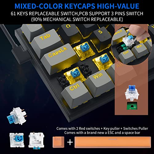 Image of HUO JI Mechanical Keyboard 61 Keys, E-YOOSO 60% Small Compact Gaming Keyboard, USB Wired, English Layout, Compatible for Windows, Black + Gray, Blue Switch