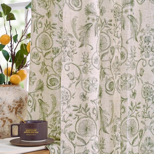 Image of jinchan Linen Floral Curtains for Living Room with Printed Flower 96 Inches Long Light Filtering Farmhouse Window Treatment Vintage Drapes Back Tab Rod Pocket 2 Panels Green on Beige