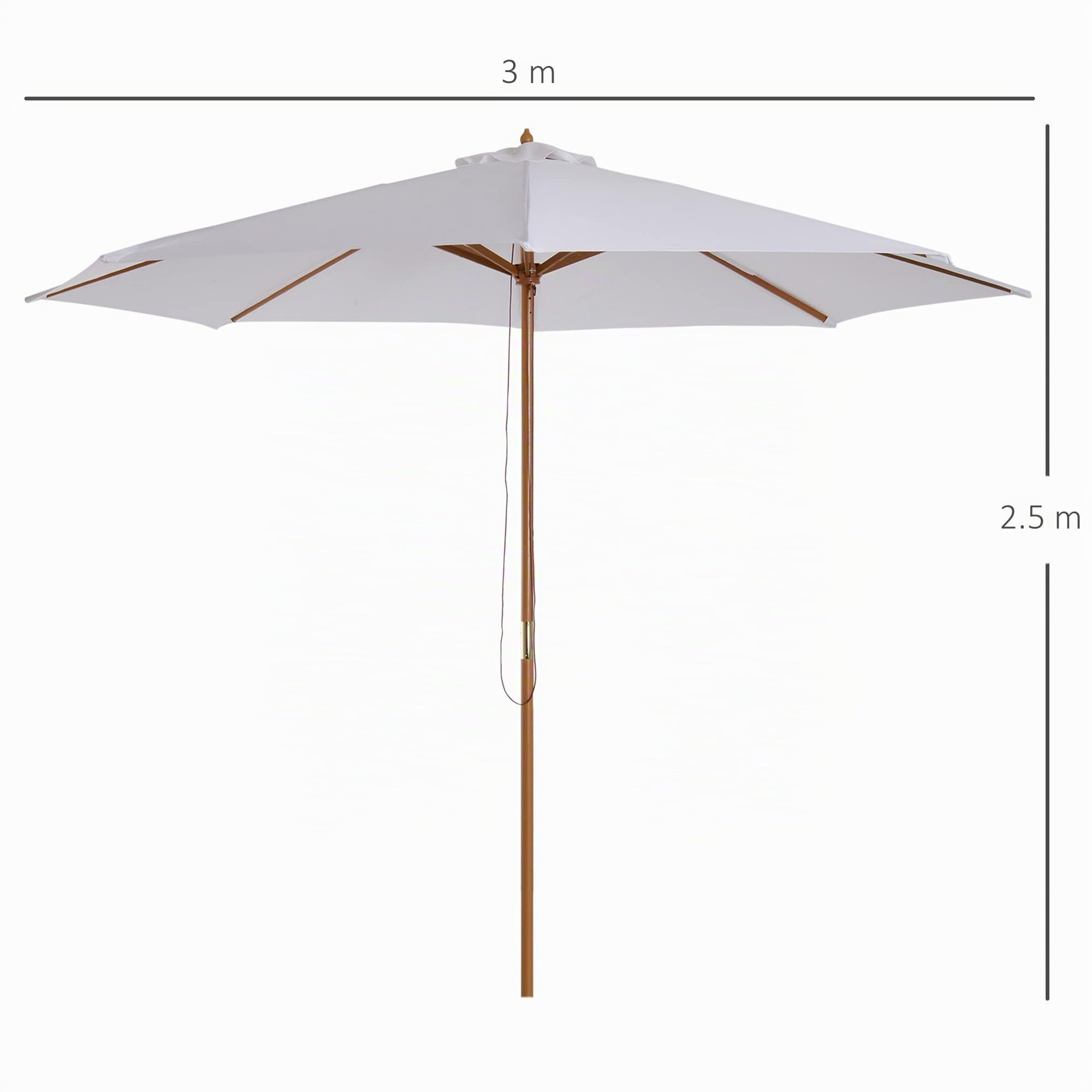 Outsunny Ombrellone da Giardino Ø3m con Corda e Apertura Regolabile, Ombrellone da Esterno con 8 Stecche in Legno, Bambù e Poliestere 180g/㎡, per Cortile, Terrazza e Balcone