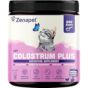 Zenapet Cat Colostrum Plus Superfood Supplement, 240 Day Supply Bovine Colostrum Powder, Cat Probiotic for Immune Support, Digestive Health, Allergy Relief, Joint Support, and Skin/Coat Health
