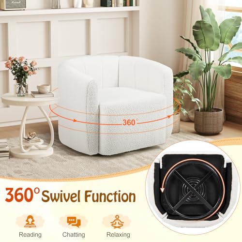 Image of Giantex 360 Swivel Accent Chair Set of 2- Sherpa Upholstered Boucle Barrel Club Chair with Padded Armrests, Modern Round Arm Chair for Reading, Living Room, Bedroom, Office, White Teddy