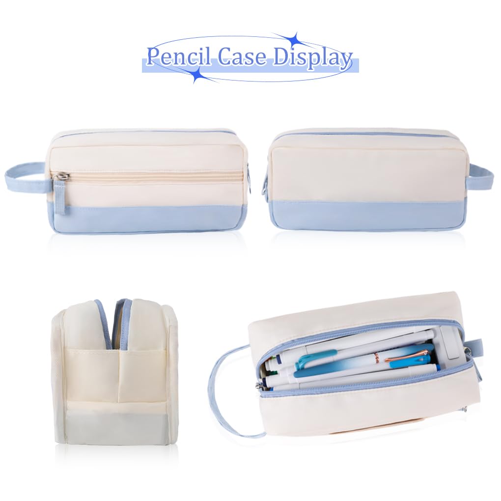 Oyachic Big Capacity Pencil Case Double Zipper Pen Pouch Organizer Storage Cosmetic Makeup Bag with Handle for Adults Women Office (Blue) - Image 3