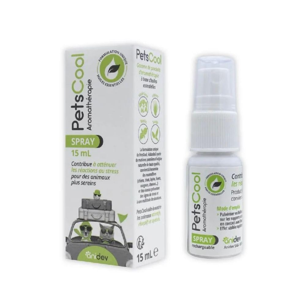 Anidev PetsCool Spray apaisant 15 ML - Anti Stress Chien Chat et NAC - Huiles essentielles valériane vétiver Sauge Basilic - Action Rapide par Inhalation - Multi espèces