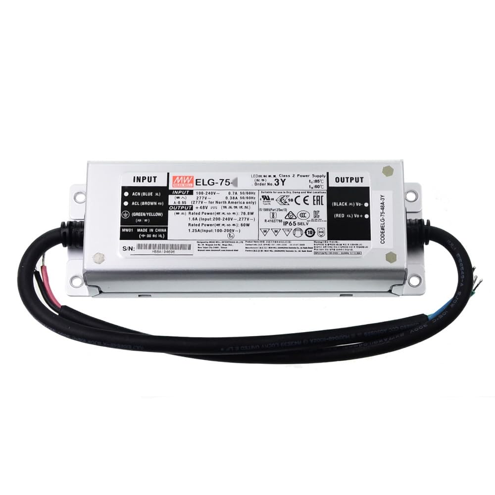 MEAN WELL ELG 75W 24V 3.15A LED Driver，3 wire Input ELG-75-24A-3Y Switching Power Supply Converter Transformer with IP65, PFC Function, Constant Voltage/Current