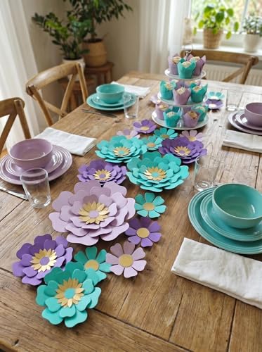 Image of Teal Purple Paper Flower for Wall Turquoise Green Lavender Lilac Mermaid Birthday Party Wedding Bridal Baby Shower Party Decoration Pack of 12