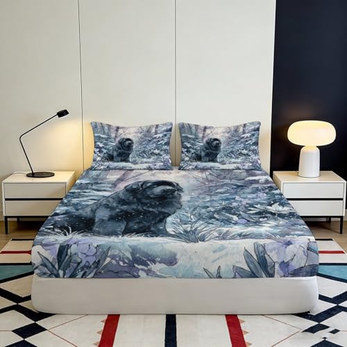Drap-housse loup 90x200x25cm en microfibre douce imprimé 3D pour lit une place
