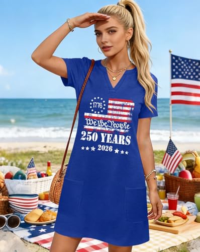 Image of Ithalt 4th of July Dresses for Women Patriotic Dress Red White and Blue Outfits American Flag V Neck Sundress with Pockets