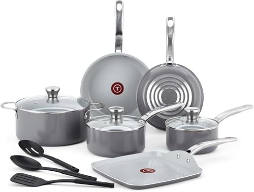 T-fal Fresh - Juego de utensilios de cocina antiadherentes de cerámica de aluminio reciclado, 12 piezas, color gris