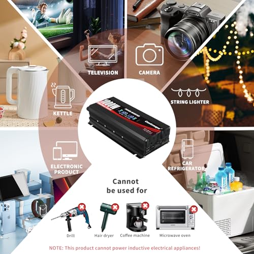 Cantonape 1000 Watt Car Power Inverter DC 12V to 110V/120V AC Converter with LCD Display Dual AC Outlets and Dual USB Car Charger for Car Home Laptop Truck Black