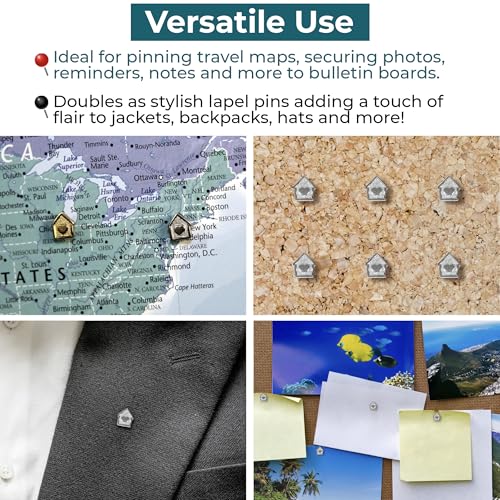Image of Mini House Push Pins - Silver House Pins - for Cork Board, Maps, or Lapel Pin Use - Designed in USA - Set of 4