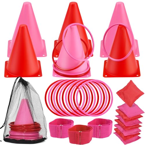 33pcs 4 in 1 Valentines Day Games for Kids with Ring Toss, Soft Plastic Cones, Bean Bags, 3-Legged Race Bands, Valentines Games Combo Set for Kids Classroom Indoor Outdoor Party Yard Supplies