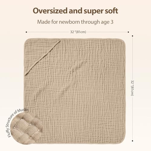 Image of Unnivoll Hooded Baby Towels for Newborn - 2 Pack, 100% Muslin Cotton, Baby Bath Towels with Hood, Soft and Absorbent for Boys, Girls Infant, Toddler and Kids, Large 32x32 Inches, Newborn Essential