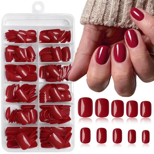 LoveOurHome 240PC Square Press on Nails Short Fake Nail, Short Press on Nails Square Red Glue on Nails Full Cover Artificial Fingernail Girls Kids XS Acrylic Nails Press Nail with Adhesive Tabs
