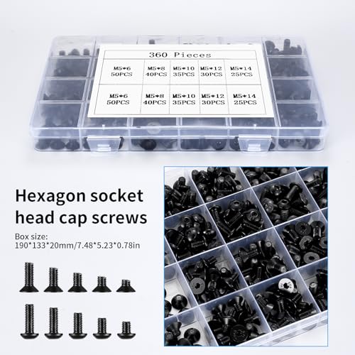 360 Pcs M5 Metric Hex Socket Head Cap Screws Bolts Set, Including 180 Pcs Countersunk Pan Head Screw - Image 3