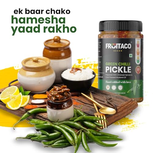 Image of Fruitaco Green Chilli Pickle - Authentic Indian Pickle with Tangy and Spicy Flavor | Perfect Side for Meal (1 Kg, Green Chilli Pickle)