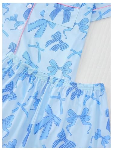 Image of SHENHE Women's 2 Piece Pajama Set Bow Graphic Button Down Short Sleeve Lapel Shirt Pj Short Set