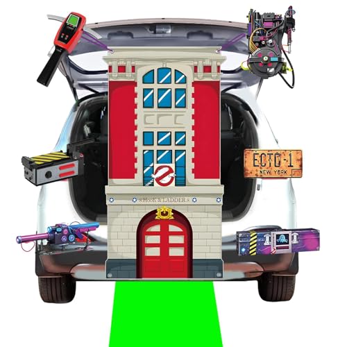 halloween Trunk or Treat Car Decorations Kit – Halloween Ghost Hunter Theme with Firehouse Backdrop, Ghost Detector Props, and Floor Runner – SUV, Truck & Church Event Decor