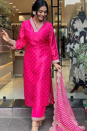 Image of Jwalin Women's Chinon Silk Embroidered Kurta and Pant Set with Dupatta|Kurta Set for Women|Ethnic Set|Kurti Set