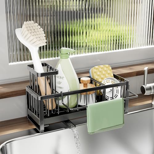 SWTYMIKI Kitchen Sink Caddy Organiser - Sink Tidy Organiser with Auto Draining Tray, Brush Holder, Stainless Steel Sponge Holder with Divider for Countertop Kitchen Storage & Organisation, Black