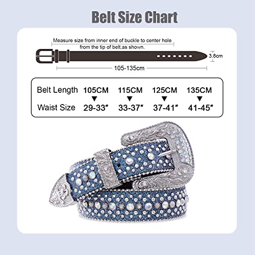 Fioretto Men Women Rhinestone Belt Western Studded Leather Belt Shine Crystal Bling Diamond Cowgirl Cowboy Waist Belt For Jeans Pants Blue M #TOP4