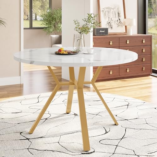 Merax Round Dining Table 100 * 100 * 75cm, Modern Marble Kitchen Table for 4 people, with X-shaped metal leg, for Home & Office, white/gold