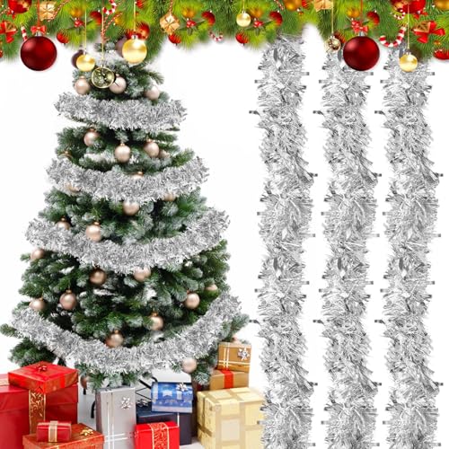 SULOLI 10M Guirlande de Noel Sapin ，Guirlandes Tinsel Noël，Guirlande Artificielle Noël pour Mariage Anniversaire Fête Escalier Cheminée Murs Fenêtres Sapin Decoration Noel (Argent)