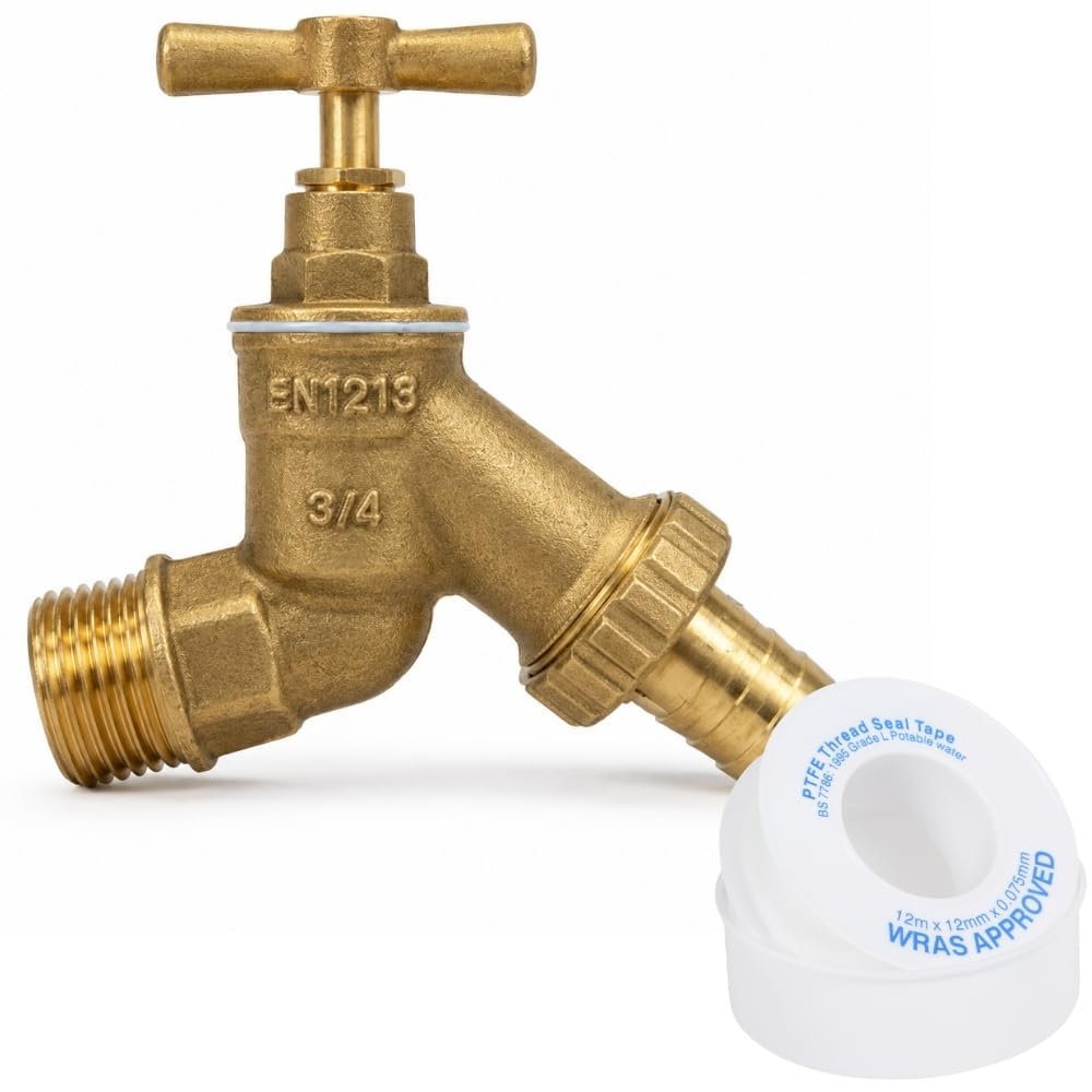 LavaTap Outside Tap 3/4 Inch Brass Bibtap with Hose Tail Outdoor Wall Mounted Garden Tap for Hose Pipe Connection and General Outdoor Water Use (Tap with PTFE)