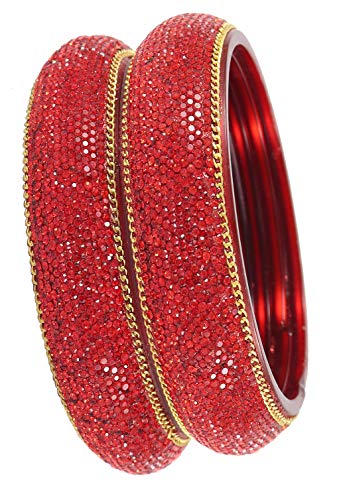 ZULKA Stylish Glass Kada Set For Women & Girls with Zircon Stone & Golden Chain Design | Trendy Glass Bangles Set | Stylish Kada Set | Traditional Glass Kada Bangles Red Set of 2-(NAB48-Red-2.4)