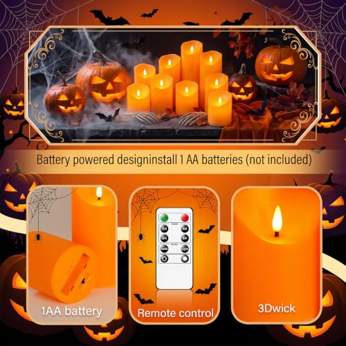 Image of Eebuss Flameless Candles with Remote Timer, Battery Operated Realistic Flickering LED Candles, 9 Packs Fake Candles for Home Decor (D3 x H 3 inch 4 inch 5 inch 6 inch 7 inch) Orange