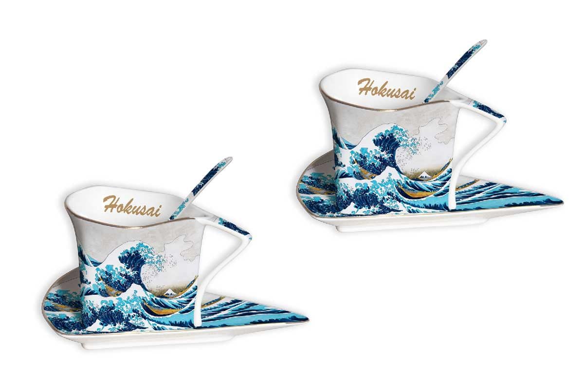 Socadis Hokusai Set de 2 Tasses à Café avec Soucoupes et Cuillères