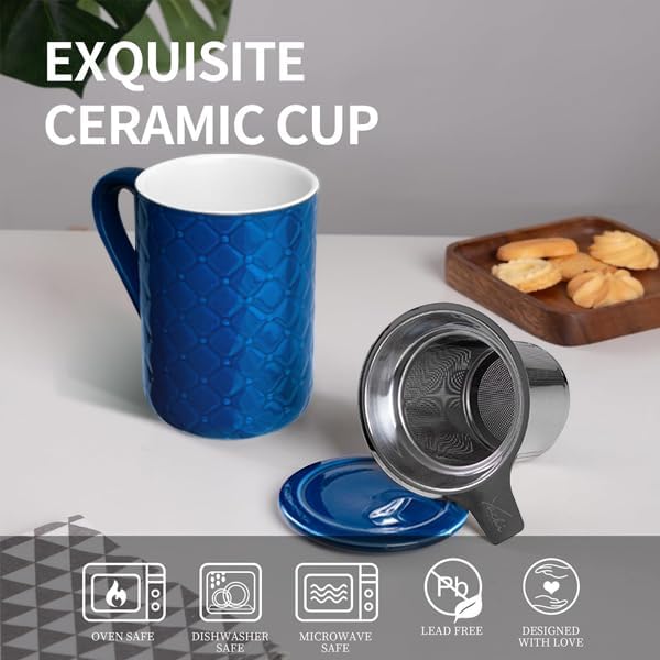 Yachi 19oz Porcelain Ceramic Tea Mug with Infuser and Lid Loose Leaf Tea Steeper Microwave & Dishwasher Safe for Tea, Coffee, Milk, Home & Office (Dark blue Embossed Porcelain Tea Cup) - Image 5