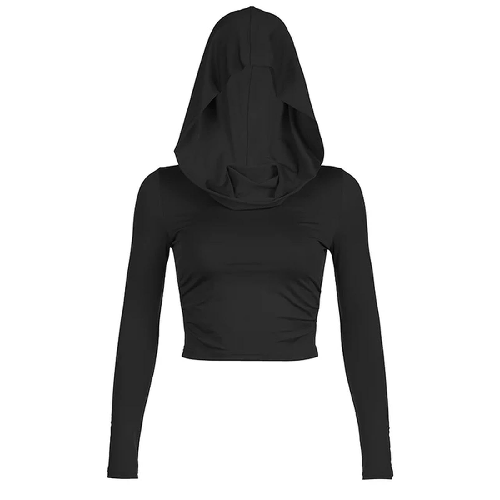 T-shirt froncé manches longues noir avec capuche et longueur coupée