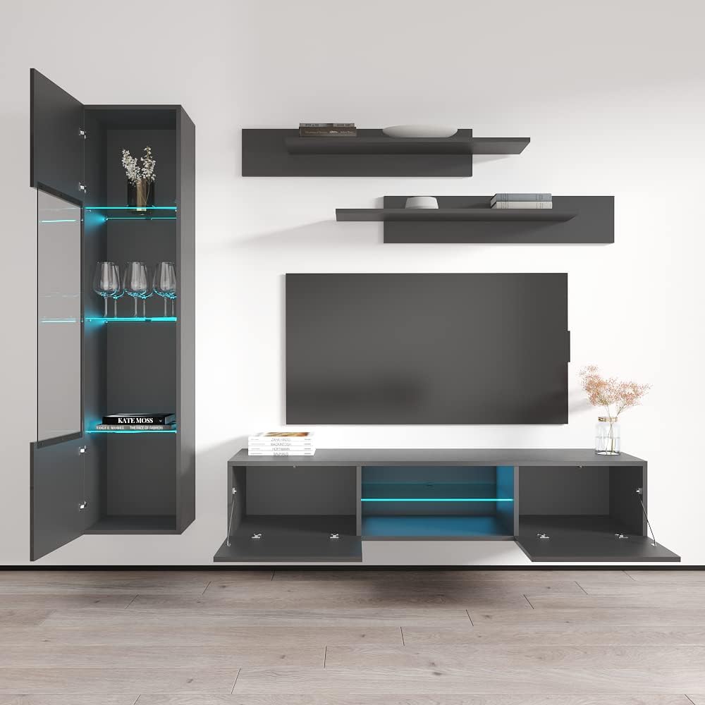 Meble Furniture Fly G3 33TV Stand Wall-Mounted Entertainment Center — Floating Modern Console with Storage Shelves and LED Lights, 59.1" W x 13.8" D x 19.7" H — Grey