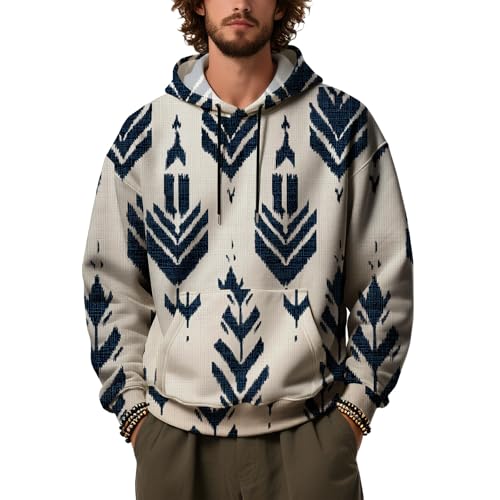 Mens Hoodies Western Aztec Print Ribbed Long Sleeve Pullover Sweatshirts with Drawstring Hoodie Kangaroo Pocket