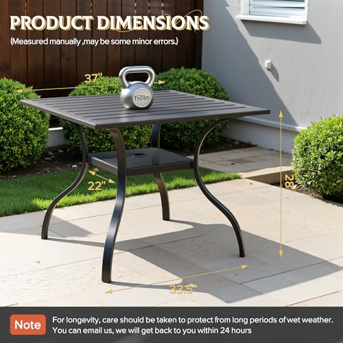 Image of Incbruce Patio Dining Table, 37 inch x 37 inch Square Table Metal Steel Slat Table with 1.57 inch Umbrella Hole, for Backyards, Porches, Gardens, or Poolside