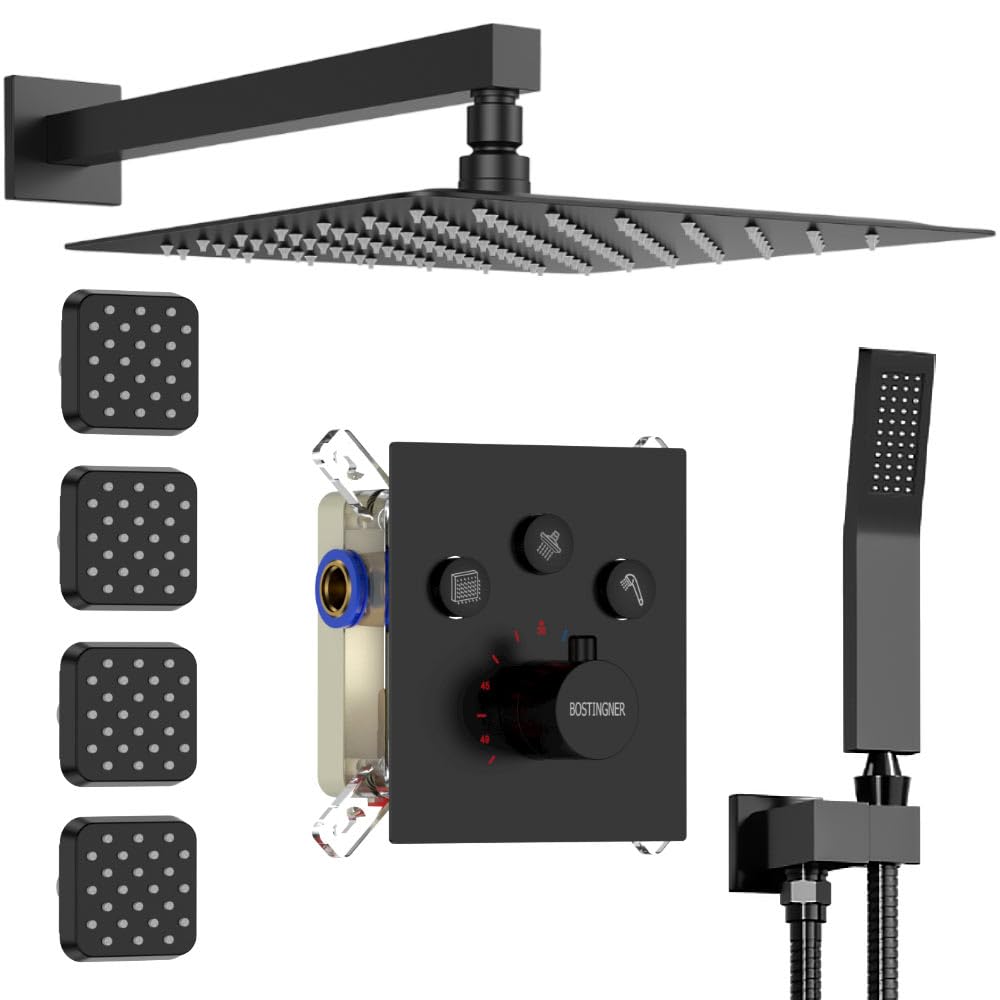 Thermostatic Rain Shower System, 12 Inch Matte Black Wall Mount Faucet Set with Body Jets and Valve, All Functions Simultaneous Use