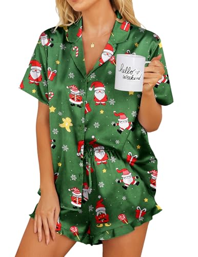 Image of Ekouaer Womens Satin Pajamas Set Button Down 2 Piece Silk Pjs Shorts Set Ruffle Lingerie Notch Collar Sleepwear