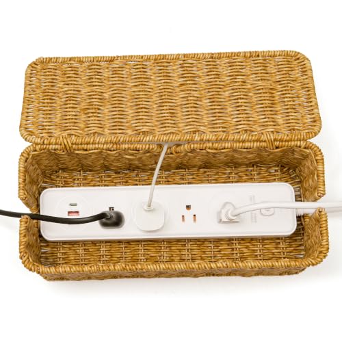 Image of ZhiYo Rattan Cable Management Box, Cord Organizer, Nature, 12.5 inchx5 inchx5.2 inch