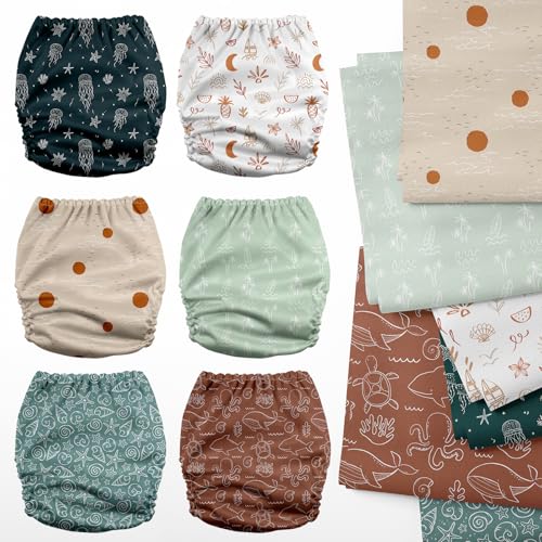 Mama Koala 3.0 Cloth Diapers for Babies with AWJ Lining, 6 Pack with 6 5-Layer Natural Cloth Diaper Inserts - Reusable and Washable Pocket Diapers(A-Seashore)